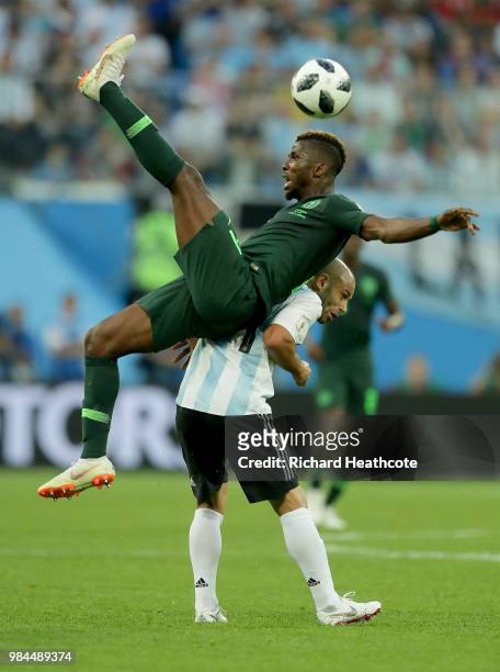 Kelechi Iheanacho of Nigeria is fouled by Javier Mascherano of Argentina during the 2018 FIFA World Cup Russia group D match between Nigeria and...