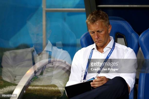 Heimir Hallgrimsson, Manager of Iceland looks on prior to the 2018 FIFA World Cup Russia group D match between Iceland and Croatia at Rostov Arena on...