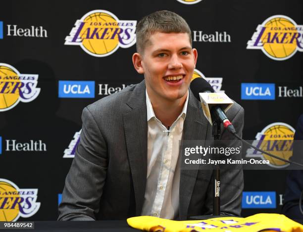 Draft pick Sviatoslav Mykhailiuk of the Los Angeles Lakers answers questions during an introductory press conference at the UCLA Health Training...