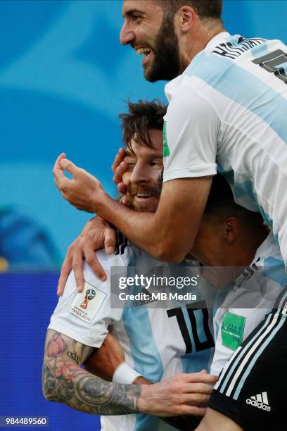 Lionel Messi of Argentina national team celebrates his goal with Enzo Perez and Gonzalo Higuain during the 2018 FIFA World Cup Russia group D match...