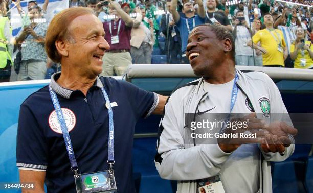 Gernot Rohr, Manager of Nigeria and Yusuf Salisu laugh prior to the 2018 FIFA World Cup Russia group D match between Nigeria and Argentina at Saint...