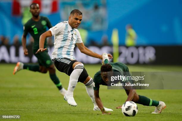 Wilfred Ndidi of Nigeria is tackled by Gabriel Mercado of Argentina during the 2018 FIFA World Cup Russia group D match between Nigeria and Argentina...