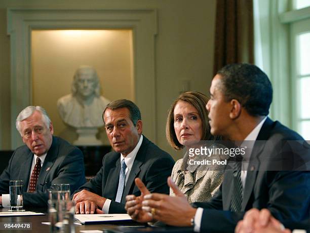 President Barack Obama participates in a bipartisan Congressional Leadership meeting in the Cabinet Room of the White House on April 14, 2010 in...