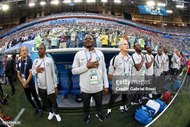 Nigeria bench sing the national anthem during the 2018 FIFA World Cup Russia group D match between Nigeria and Argentina at Saint Petersburg Stadium...