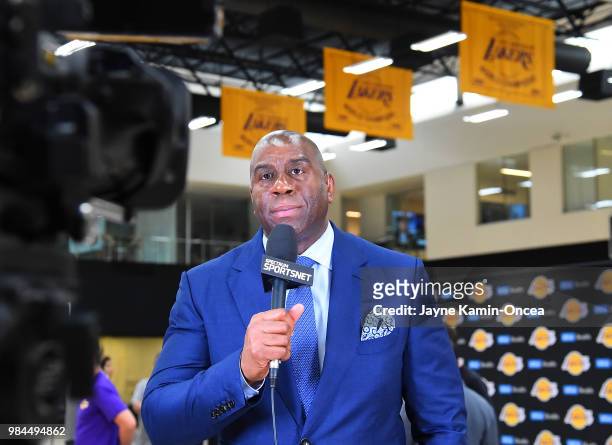 President of basketball operations Magic Johnson answers question from the media during a press conference to introduce the team's 2018 NBA draft...
