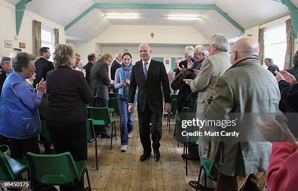 Conservative candidate Annunziata Rees-Mogg walks with William Hague, the Shadow Foreign Secretary as he leaves a meeting at St. Catharine's Church...