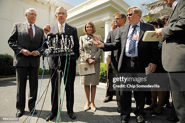 House Majority Leader Steny Hoyer , Senate Majority Leader Harry Reid and Speaker of the House Nancy Pelosi talk to reporters outside the West Wing...