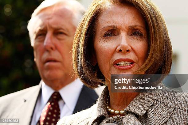 Speaker of the House Nancy Pelosi and House Majority Leader Steny Hoyer talk to reporters outside the West Wing after a bipartisan meeting with...