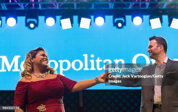 American soprano Latonia Moore and Canadian baritone Joshua Hopkins perform at the tenth annual season-opening concert in the Metropolitan Opera...