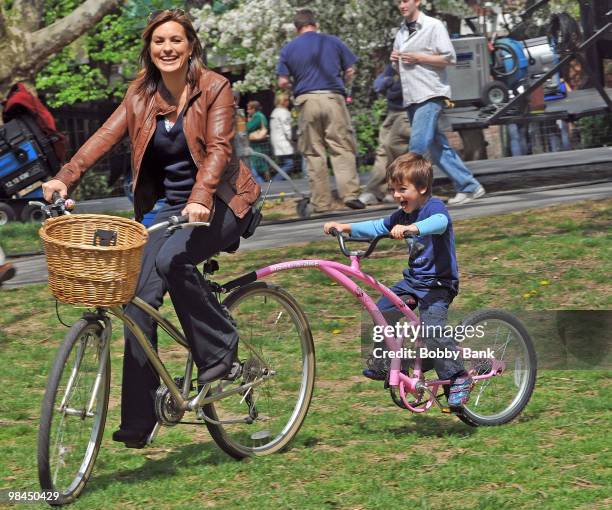 Mariska Hargitay with her son August Hermann on location for "Law & Order: SVU" at Streets of Manhattan on April 12, 2010 in New York City.