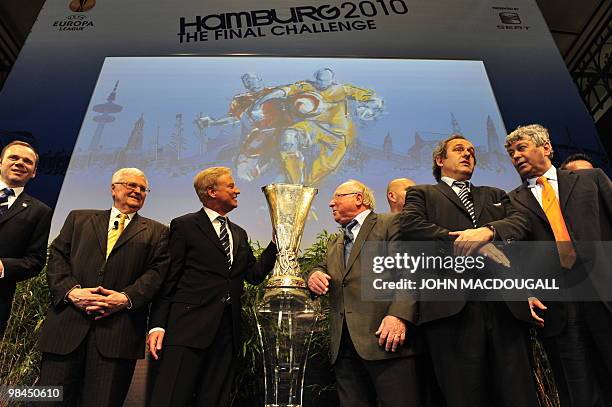 Of HSV Hamburg Bernd Hoffmann, President of the German Football Association Theo Zwanziger, Hamburg Mayor Ole von Beust, German football legend Uwe...