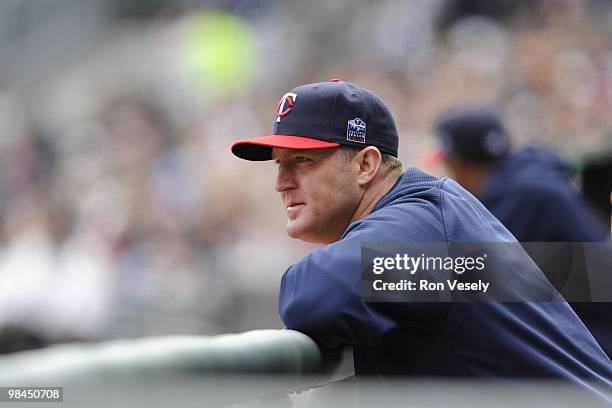 Jim Thome of the Minnesota Twins looks on during the game between the Minnesota Twins and the Chicago White Sox on Sunday, April 11 at U.S. Cellular...