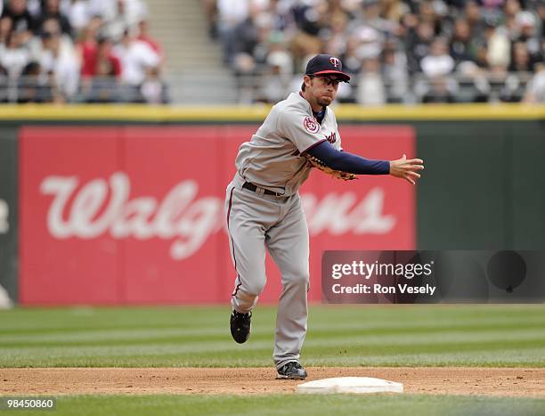 Hardy of the Minnesota Twins fields during the game between the Minnesota Twins and the Chicago White Sox on Sunday, April 11 at U.S. Cellular Field...