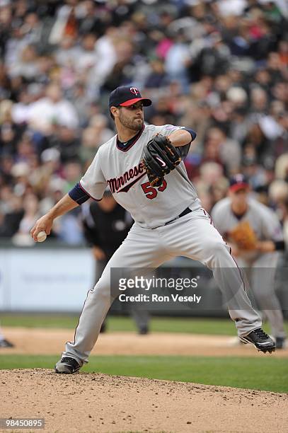 Nick Blackburn of the Minnesota Twins pitches during the game between the Minnesota Twins and the Chicago White Sox on Sunday, April 11 at U.S....