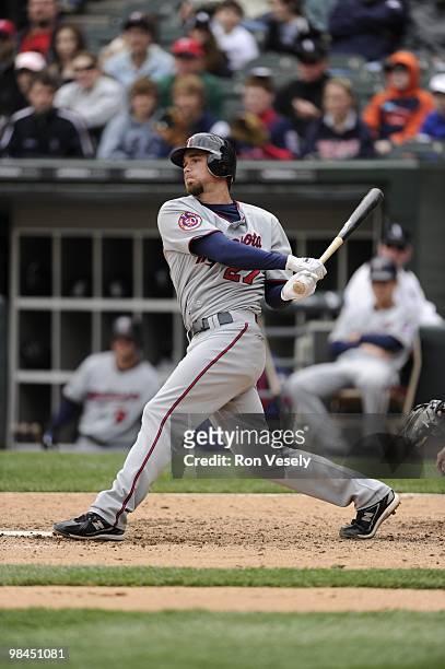 Hardy of the Minnesota Twins bats during the game between the Minnesota Twins and the Chicago White Sox on Sunday, April 11 at U.S. Cellular Field in...
