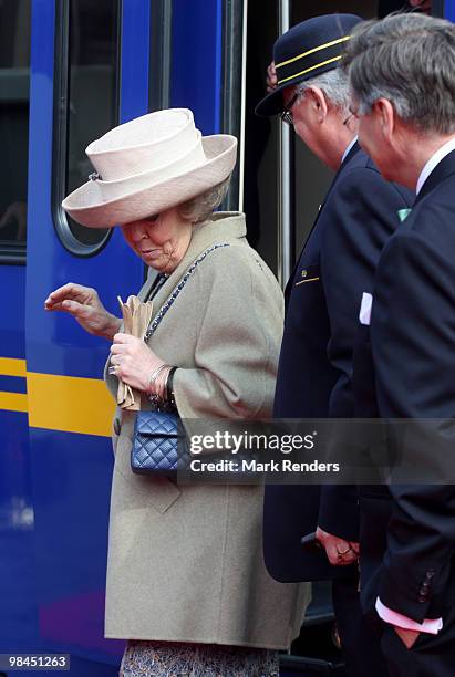 Queen Beatrix from The Netherlands arrives at Railway Museum on April 14, 2010 in Utrecht, Netherlands.