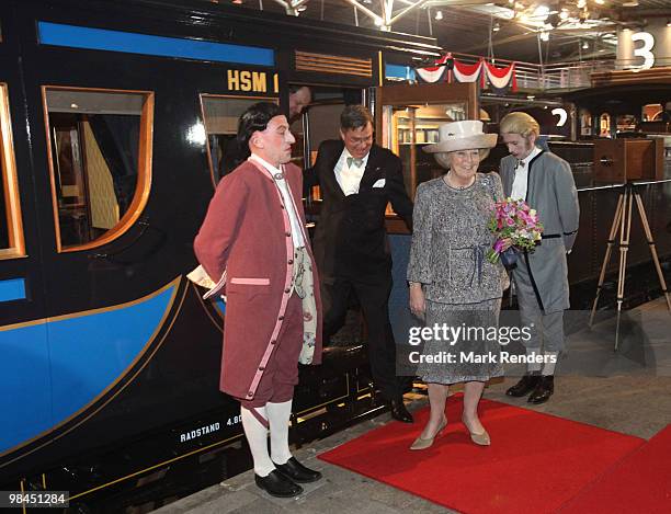 Queen Beatrix from The Netherlands visits the exhibition "Royal Class and Royal Travels," at Railway Museum on April 14, 2010 in Utrecht, Netherlands.