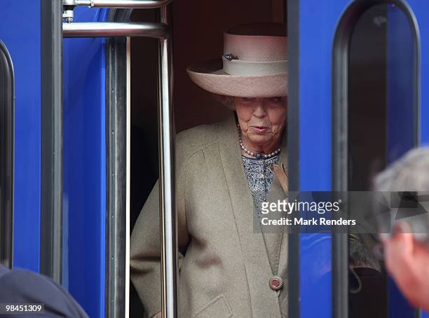 Queen Beatrix from The Netherlands arrives at Railway Museum on April 14, 2010 in Utrecht, Netherlands.