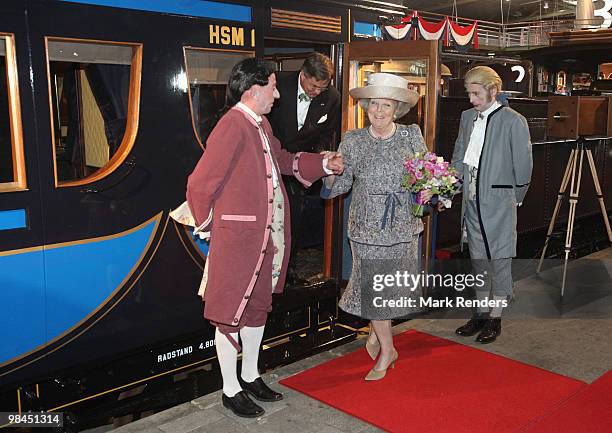 Queen Beatrix from The Netherlands visits the exhibition "Royal Class and Royal Travels," at Railway Museum on April 14, 2010 in Utrecht, Netherlands.