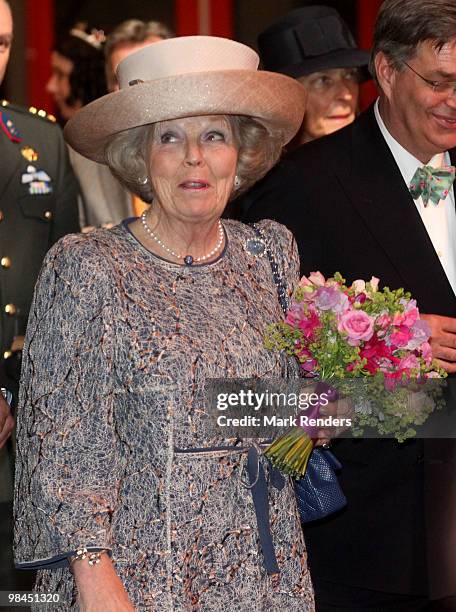 Queen Beatrix from The Netherlands visits the exhibition "Royal Class and Royal Travels," at Railway Museum on April 14, 2010 in Utrecht, Netherlands.