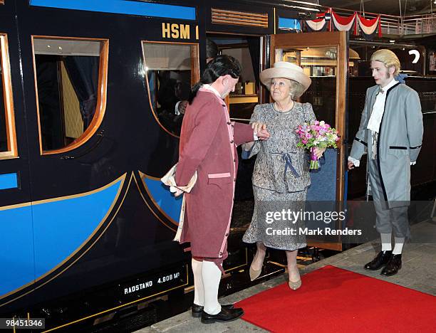 Queen Beatrix from The Netherlands visits the exhibition "Royal Class and Royal Travels," at Railway Museum on April 14, 2010 in Utrecht, Netherlands.