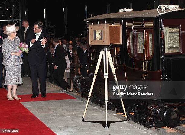 Queen Beatrix from The Netherlands visits the exhibition "Royal Class and Royal Travels," at Railway Museum on April 14, 2010 in Utrecht, Netherlands.