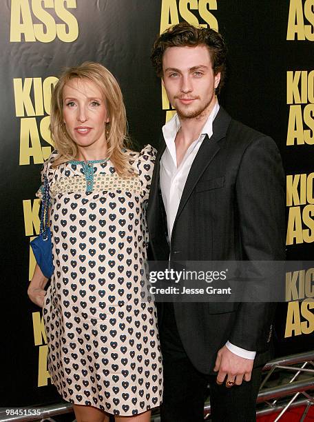 Sam Taylor Wood and actor Aaron Johnson arrive to the Los Angeles premiere of 'KICK-ASS' at the Cinerama Dome on April 13, 2010 in Hollywood,...