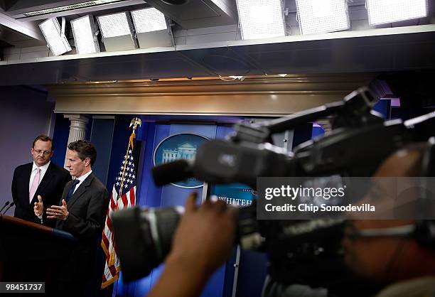 Treasury Secretary Timothy Geithner and White House Press Secretary Robert Gibbs hold a news briefing at the White House April 14, 2010 in...