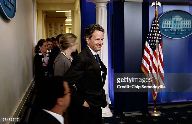 Treasury Secretary Timothy Geithner arrives for a news briefing at the White House April 14, 2010 in Washington, DC. Geithner talked about a...