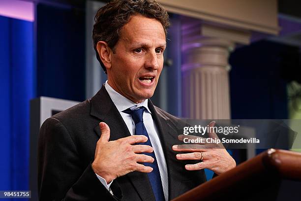 Treasury Secretary Timothy Geithner holds a news briefing at the White House April 14, 2010 in Washington, DC. Geithner talked about a bipartisan...