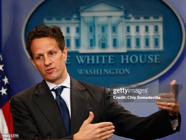 Treasury Secretary Timothy Geithner holds a news briefing at the White House April 14, 2010 in Washington, DC. Geithner talked about a bipartisan...