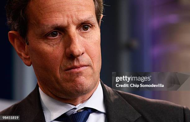 Treasury Secretary Timothy Geithner holds a news briefing at the White House April 14, 2010 in Washington, DC. Geithner talked about a bipartisan...