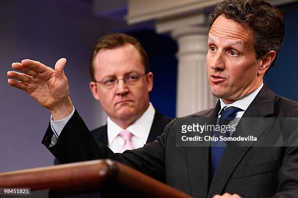 Treasury Secretary Timothy Geithner and White House Press Secretary Robert Gibbs hold a news briefing at the White House April 14, 2010 in...