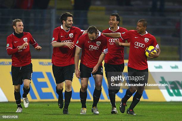 Steffen Wohlfarth of Ingolstadt celebrates scoring the second goal with his team mates during the 3.Liga match between FC Ingolstadt and 1. FC...