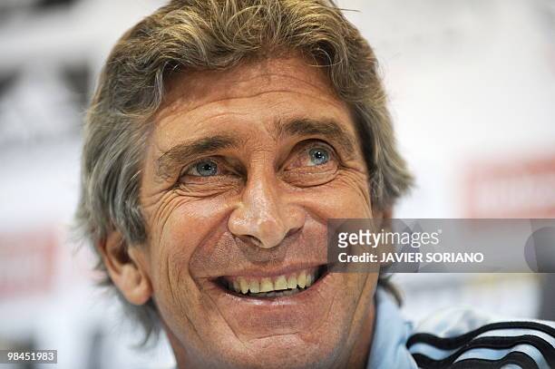 Real Madrid's Chilean coach Manuel Pellegrini gives a press conference at Real Madrid sport City in Madrid on April 9 on the eve a Spanish league...