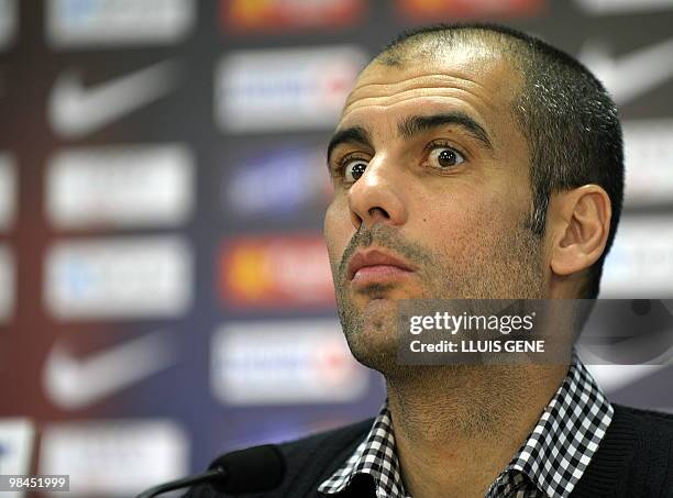 Barcelona's coach Pep Guardiola gives a press conference in Barcelona on April 9 on the eve a Spanish league football match against Real Madrid....