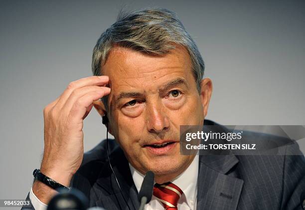 General secretary of the German football association Wolfgang Niersbach addresses the extraordinary meeting of the DFB in Frankfurt/Main, western...