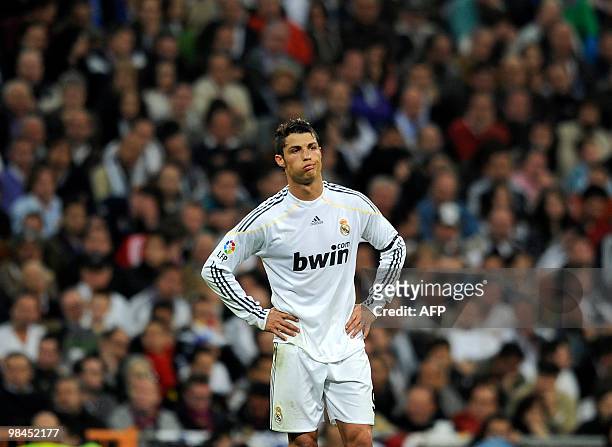 Real Madrid's Portuguese Cristiano Ronaldo gestures during the 'El Clasico' Spanish League football match Real Madrid against Barcelona at the...