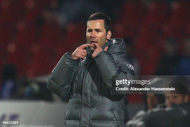 Michael Wiesinger, head coach of Ingolstadt reacts during the 3.Liga match between FC Ingolstadt and 1. FC Heidenheim at the Tuja-Stadium on April...