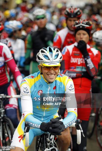 Astana team's Spanish Alberto Contador waits for the start of the first stage of the Castilla and Leon cycling Tour from Belorado to Burgos, 330km...