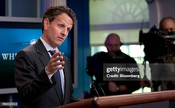 Timothy Geithner, U.S. Treasury secretary, speaks in the James Brady briefing room at the White House in Washington, D.C., U.S., on Wednesday, April...