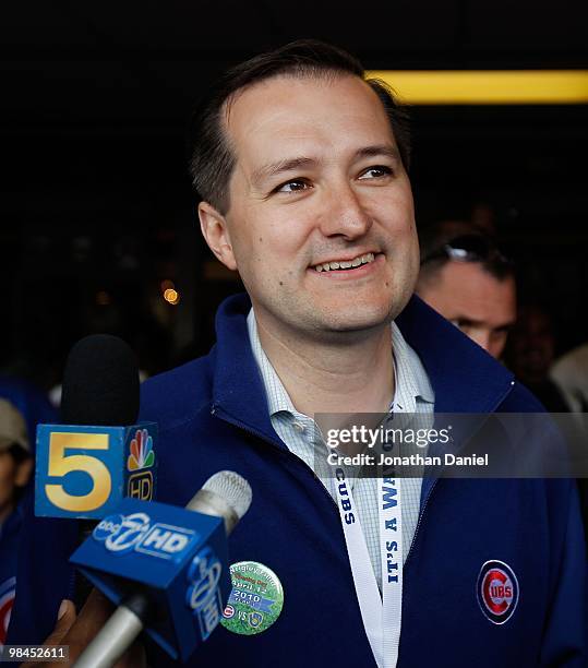 Tom Ricketts, owner and Chariman of the Chicago Cubs, talks to reporters before the Opening Day game against the Milwaukee Brewers at Wrigley Field...