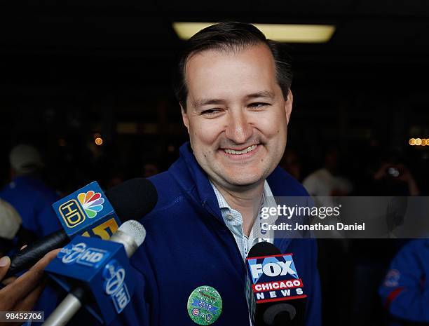 Tom Ricketts, owner and Chariman of the Chicago Cubs, talks to reporters before the Opening Day game against the Milwaukee Brewers at Wrigley Field...