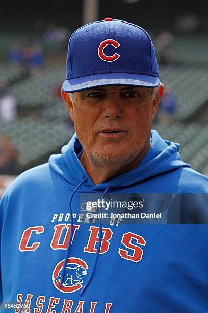 Manager Lou Piniella of the Chicago Cubs talks to reporters before the Opening Day game bewteen the Cubs and the Milwaukee Brewers on Opening Day at...