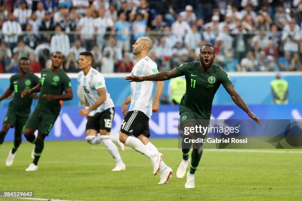 Victor Moses of Nigeria celebrates scoring his sides opening goal to make the score 1-1 during the 2018 FIFA World Cup Russia group D match between...