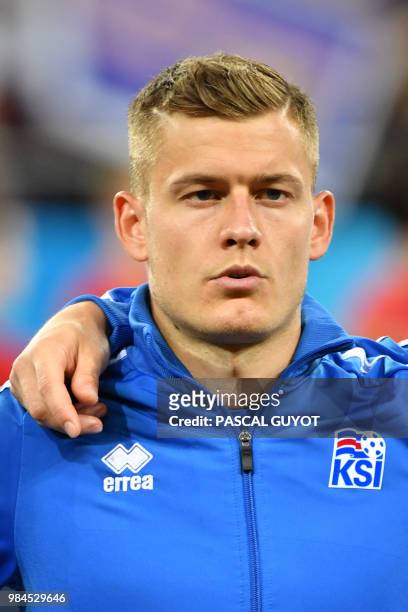 Iceland's forward Alfred Finnbogason poses ahead of the Russia 2018 World Cup Group D football match between Iceland and Croatia at the Rostov Arena...