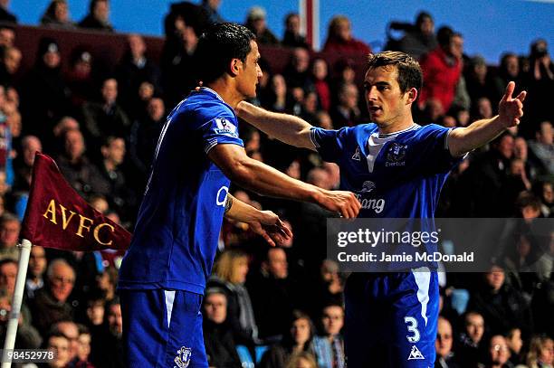 Tim Cahill of Everton celebrates scoring the opening goal with Leighton Baines during the Barclays Premier League match between Aston Villa and...