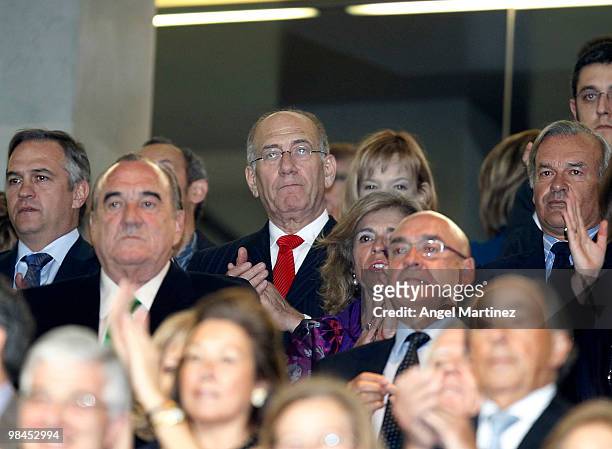 Former Israeli Prime Minister Ehud Olmert is seen in the president's box of Santiago Bernabeu Stadium before the start of the La Liga match between...