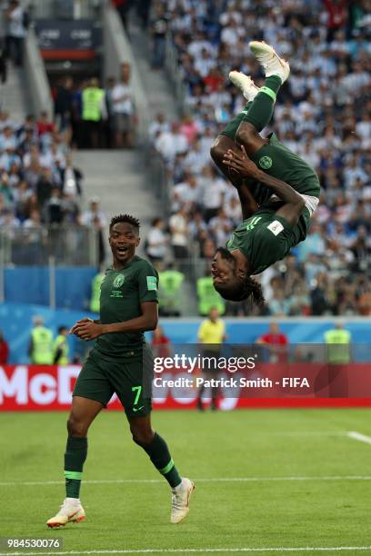 Victor Moses of Nigeria celebrates with teammates after scoring his team's first goal during the 2018 FIFA World Cup Russia group D match between...