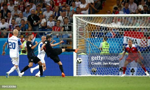 Milan Badelj of Croatia scores his team's first goal during the 2018 FIFA World Cup Russia group D match between Iceland and Croatia at Rostov Arena...